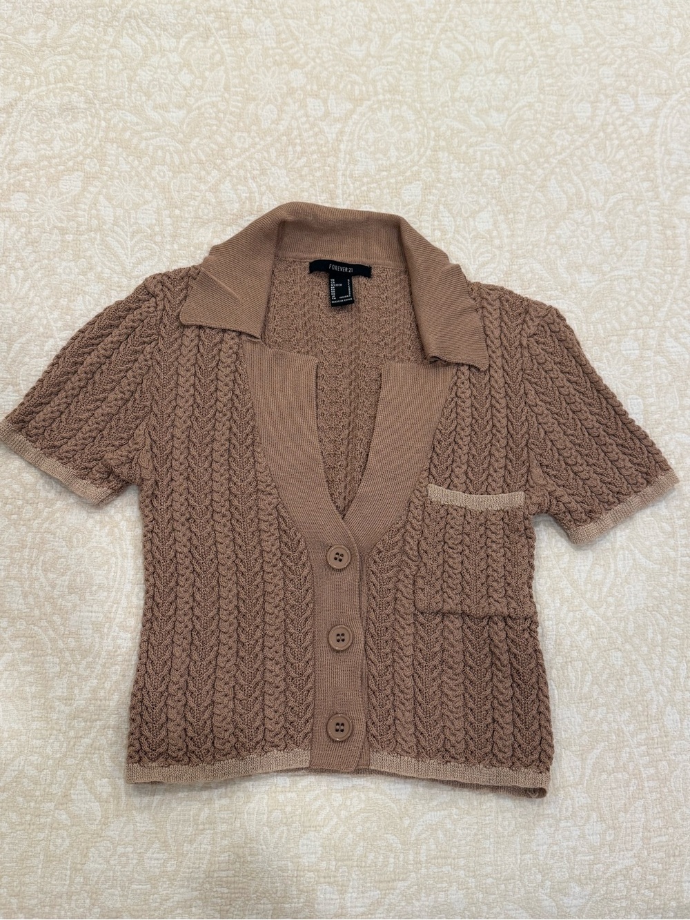 Forever 21 Brown Cable Knit Collared Cardigan Top S